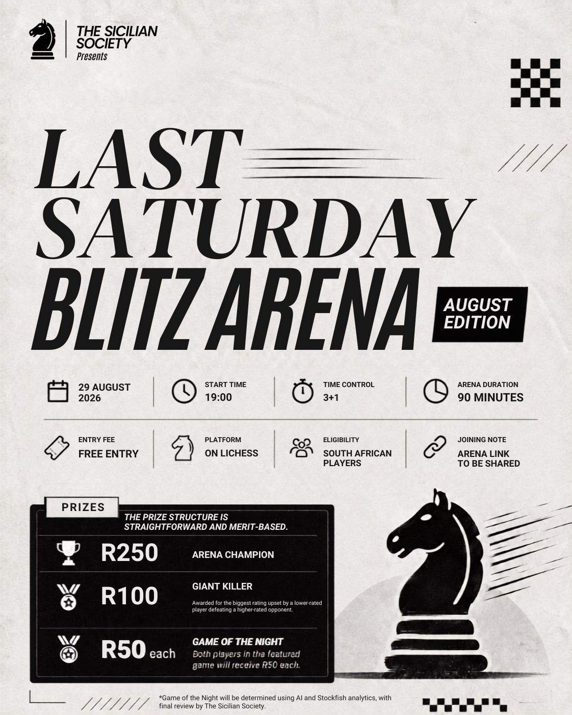 Last Saturday Blitz Arena: August Edition  FREE