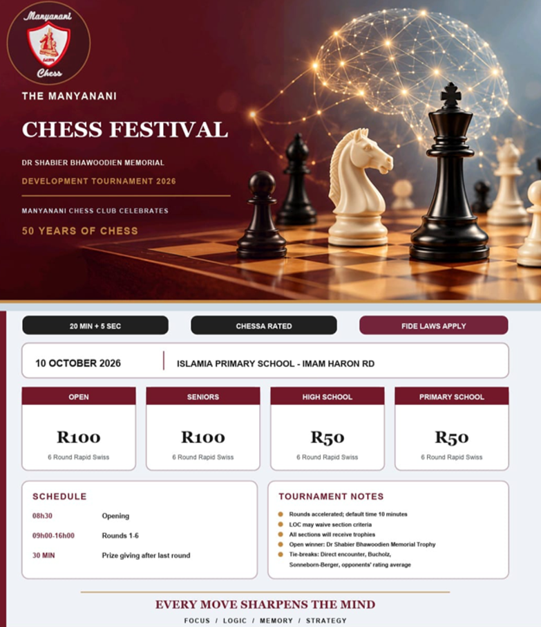 ♟️🏆 THE MANYANANI CHESS FESTIVAL 🏆♟️ DR SHABIER BHAWOODIEN MEMORIAL DEVELOPMENT TOURNAMENT 2026